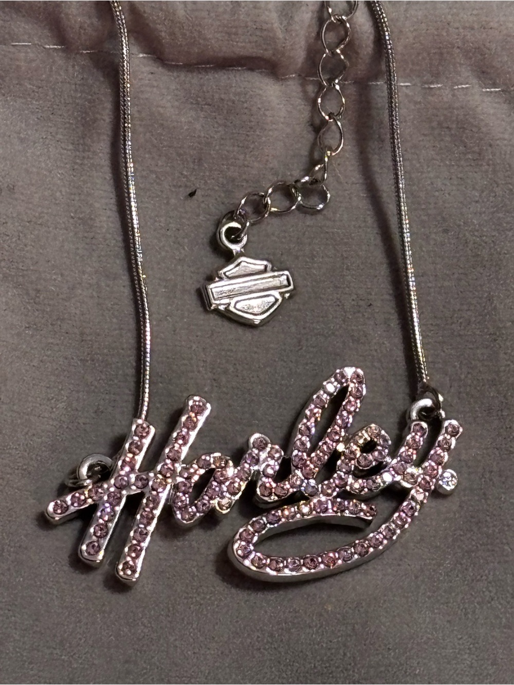 Harley-Davidson Silver Script Necklace with Pink Crystals (925)
